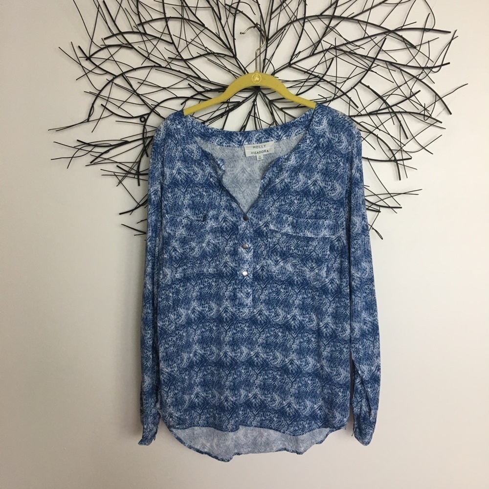 Boho blue white snap button shirt MOLLY & ISADOR - Picture 1 of 8